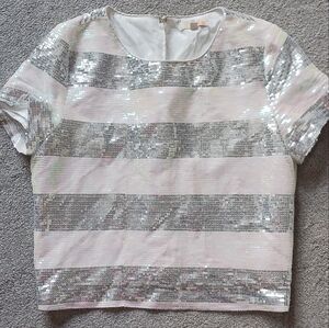 GB Gray and White Short Sleeved Sequined Top